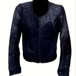 Diesel Black Studded Cropped Jacket Metallic Suede Leather Zip 90s Y2K Vintage